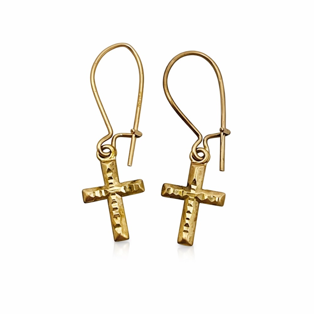 10K Solid Gold Cross Dangle Earrings ✨ Diamond Cut Dainty Faith French Hook